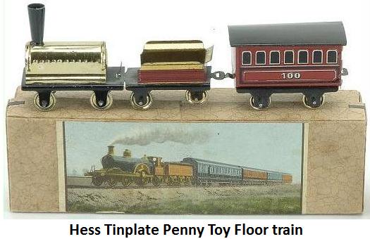Hess penny toy transition; paper litho on tender, tin litho on passenger, spirit on loco + box
