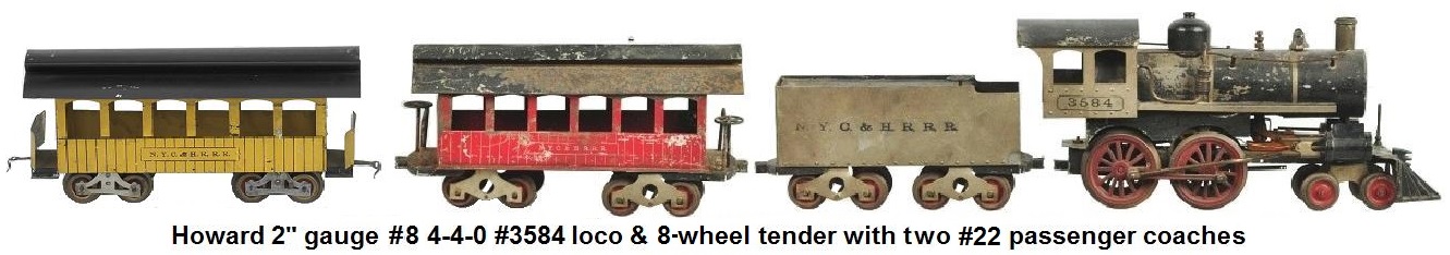 Howard #8 type 2 inch gauge #3584 4-4-0 locomotive and tender with passenger coach