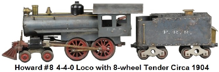 Howard Early steam loco with eight wheel tender example, c. 1904, Russian iron finish on engine frame and wheels, rubber stamped PRR