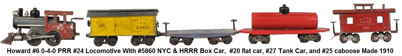 Howard 1910, #6 0-4-0 loco PRR #24 5860 NYC & HRRR box car #27 tank car #20 flat car #25 caboose in 2 inch gauge