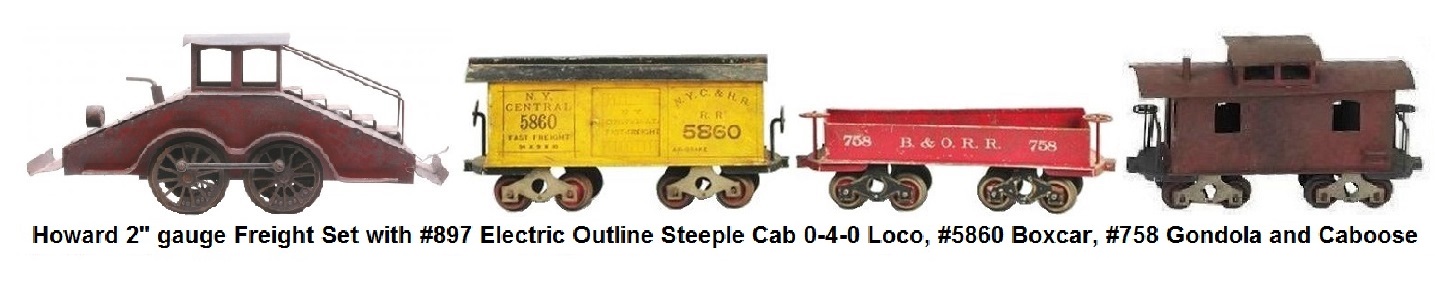 Howard #897 Steeple cab 0-4-0 electric engine, NYC & HR gondola, #5860 NYC & HR box car and caboose in 2 inch gauge