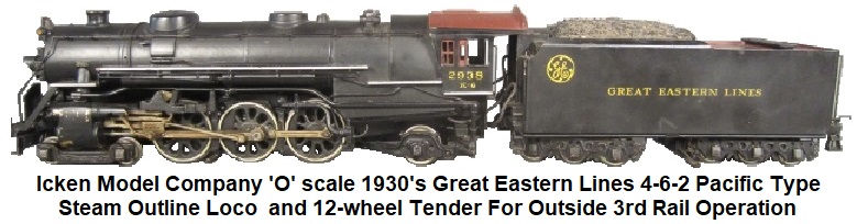 Icken 'O' scale 4-6-2 Pacific loco and 12-wheel tender in Great Eastern Lines livery for outside 3rd rail operation