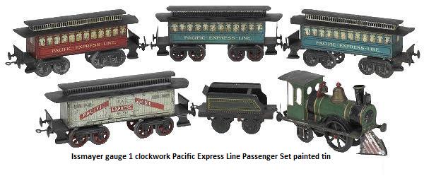 Issmayer gauge 1 Pacific Express Line Passenger Set painted tin American outline clockwork 0-2-2 engine