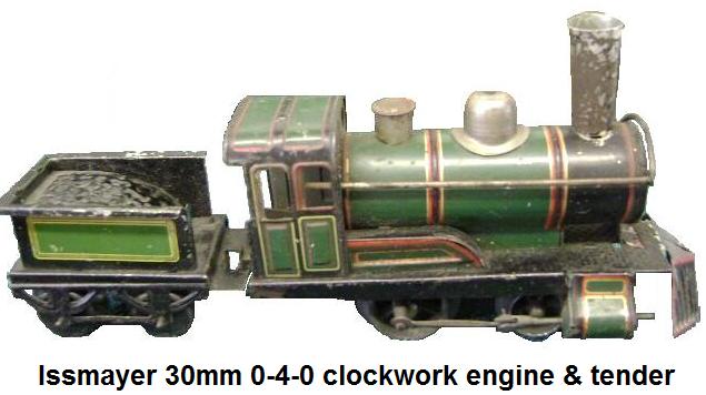 Issmayer O-4-0 clockwork tinplate loco and 4 wheel tender in '30mm' gauge