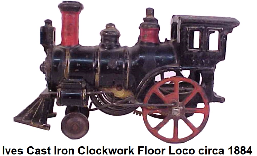 Early Ives Cast Iron Clockwork Floor Locomotive Train. There is a patent date of Aug 1884 underneath the drivers side cab window