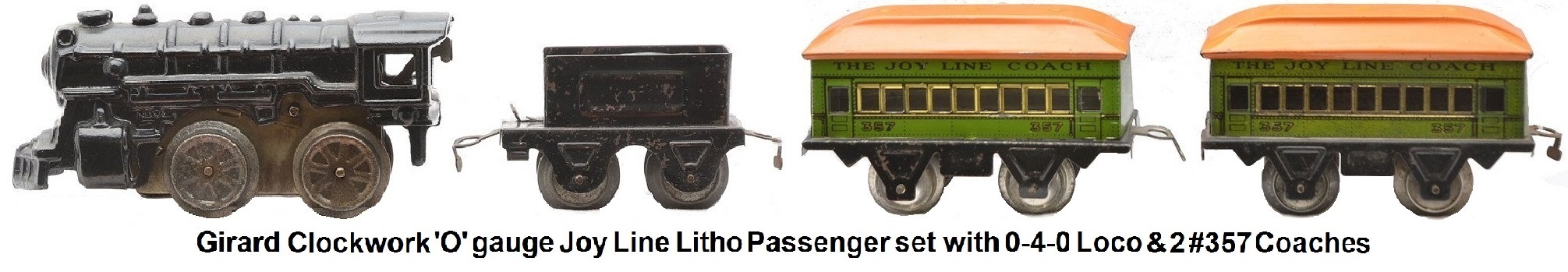 Joy Line 'O' gauge tinplate lithographed pasenger set with 0-4-0 cast loco, tender and two #357 Pullman coaches