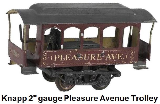 Knapp Pleasure Avenue Trolley painted tin electric trolley with wood and cast metal frame