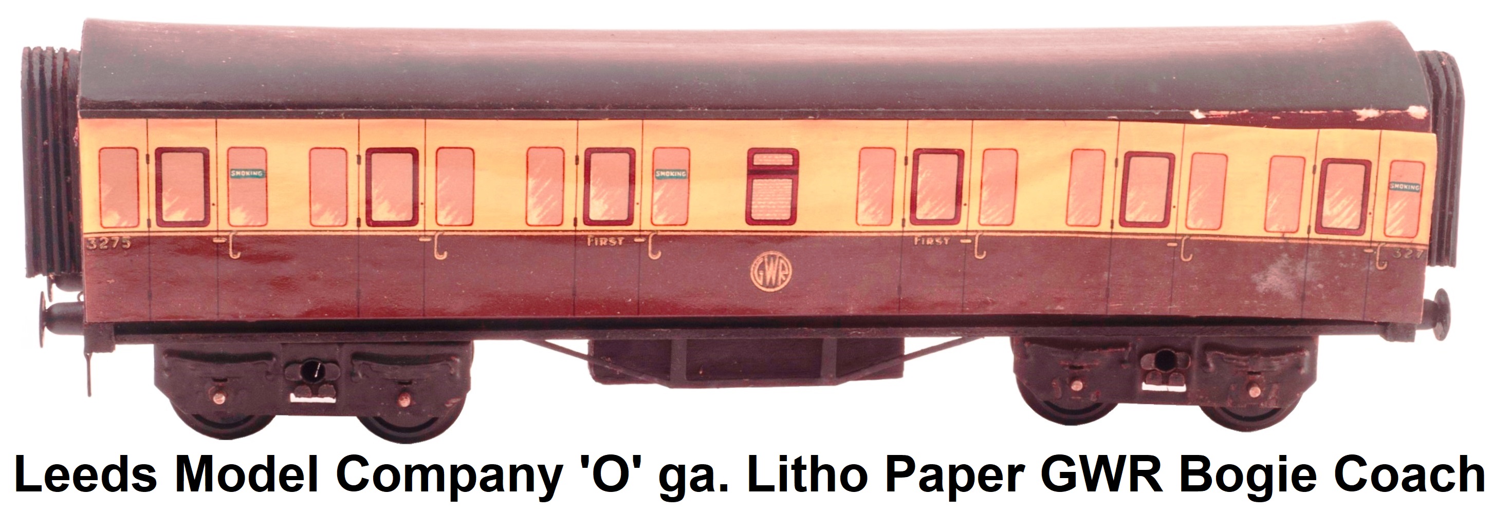 Leeds Model Company 'O' gauge Early Wooden Body with litho paper sides GWR bogie Coach