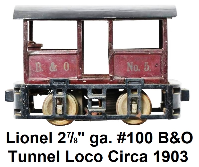 Lionel 2⅞ inch gauge #100 open sided electric locomotive circa 1903, patterned after the 
	B&O railroad's 1800 horsepower electric