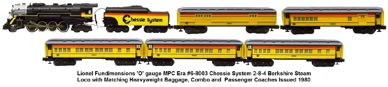 Lionel MPC 'O' gauge #8003 Chessie Steam Special 2-8-4 Berkshire Loco and Matching Heavyweight Baggage, Combo and Passenger Coaches circa 1980