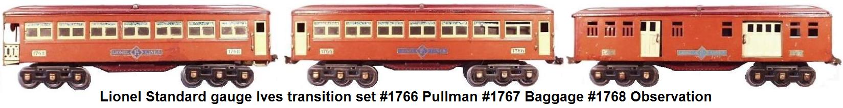 Lionel Standard gauge Ives very rare transition set with 6 wheel trucks on the #1766 Pullman, #1767 Baggage car, and #1768 Observation car
