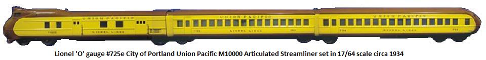 Lionel 'O' gauge #725e City of Portland Union Pacific M10000 Articulated Streamliner circa 1934