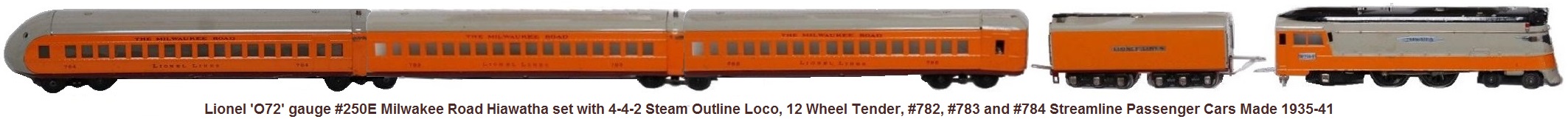Lionel 'O72' gauge #250 Milwaukee Road Hiawatha Streamliner Passenger Set circa 1935-41