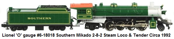 Lionel #6-18018 'O' gauge Modern era Southern Mikado 2-8-2 Steam Locomotive & Tender circa 1992
