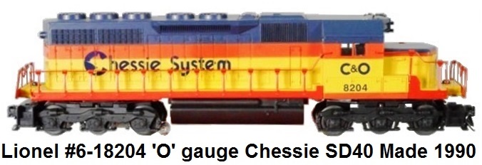 Lionel #6-18204 'O' gauge Chessie System SD40 from 1990