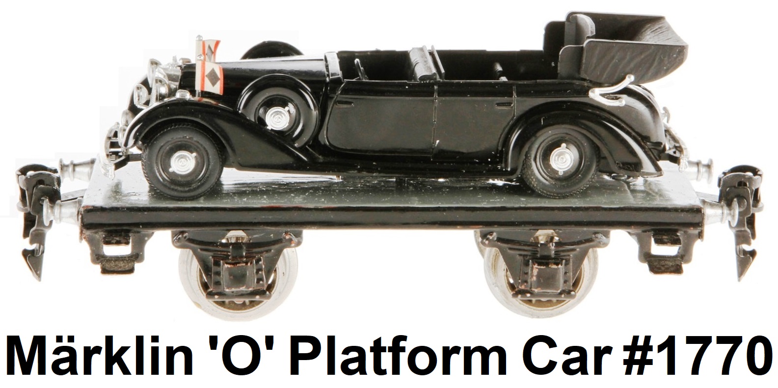 Märklin 'O' gauge platform car #1770, ÜL, loaded with Rio Führer-Mercedes