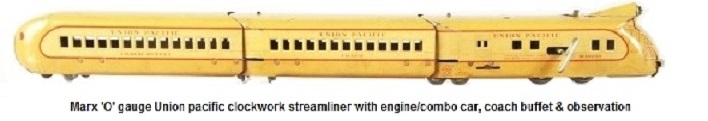 Marx 'O' gauge tinplate clockwork streamliner - Union Pacific engine, one coach, and one coach buffet.