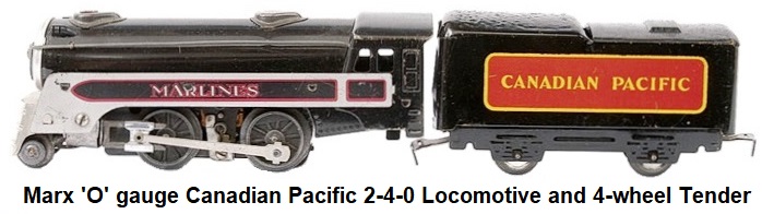 Marx 'O' gauge Canadian Pacific 2-4-0 Loco and 4-wheel Tender