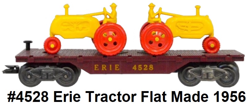 Marx 'O' gauge #4528 Erie Flat Car with 2 Farm tractors made 1956