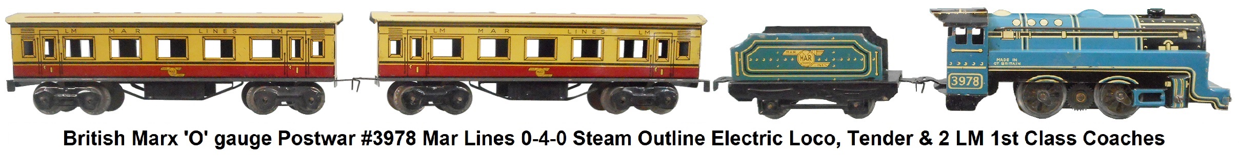 British Marx 'O' gauge Postwar #3978 Mar Lines 0-4-0 steam outline electric powered loco, tender, two LM 1st class coaches