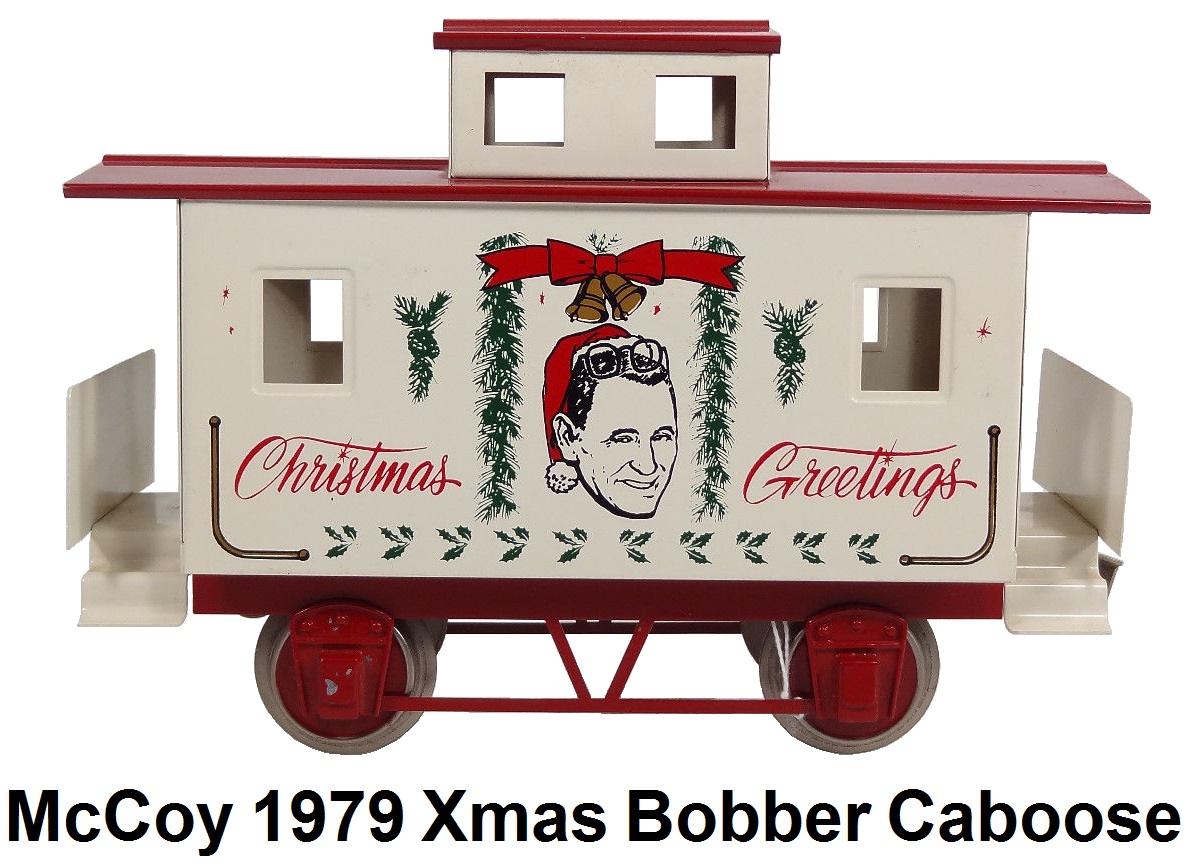 McCoy 1979 Christmas Greetings Bobber caboose with Bob McCoy framed in holly with music boxes, white with red roof