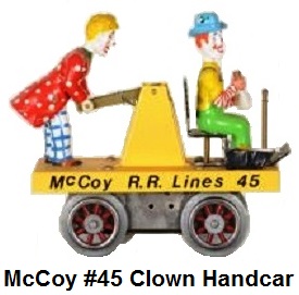 McCoy #45 Circus Clown Handcar in Standard gauge. Fantastic adaptation for Bob McCoy only 3 of these were produced