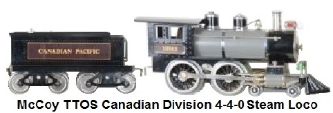 McCoy Standard gauge 4-4-0 steam locomotive marked 10985 tender marked Canadian Pacific in grey with black curved roof, 65 produced