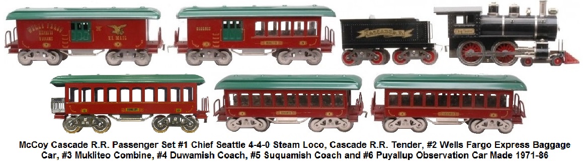 McCoy Cascade RR passenger train Chief Seattle 4-4-0 steam loco, #1 Cascade R.R. tender, #2 Wells Fargo baggage, #3 Mukilteo combo car, #4 Duwamish coach, #5 Suquamish coach, and a #6 Puyallup Observation Car
