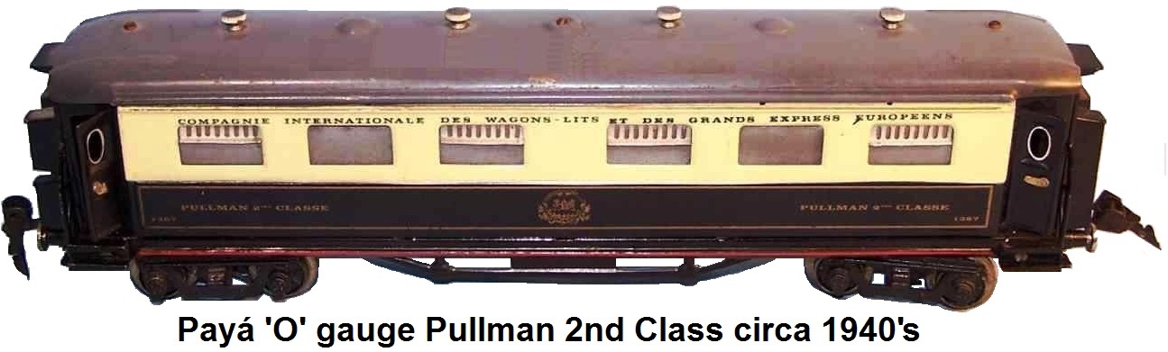 Payá 'O' gauge 35 cm Pullman 2nd class in navy-blue, beige and gray lithographed, lighted, circa 1944