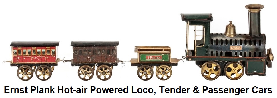Ernst Plank hot air powered locomotive, tender and passenger cars