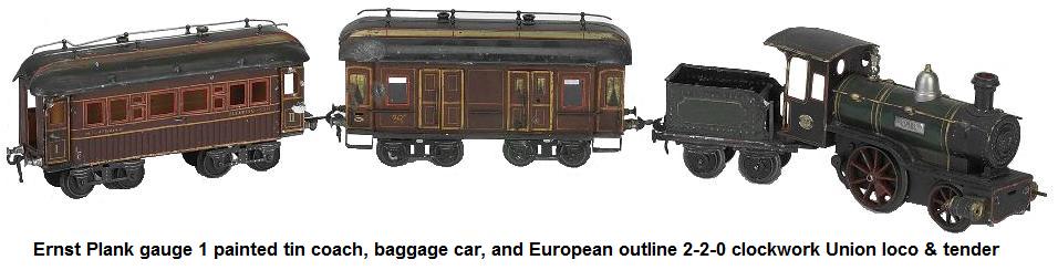 Ernst Plank gauge 1 passenger set painted tin European steam outline 2-2-0 clockwork Union engine