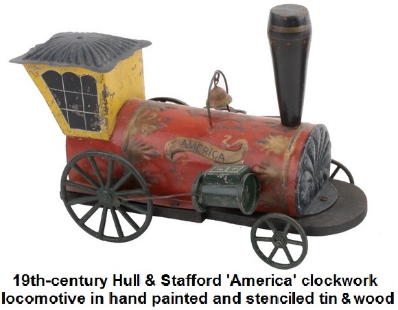 19th-century Hull & Stafford 'America' clockwork locomotive, painted and stenciled tin and wood