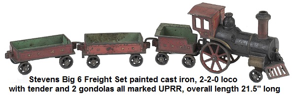 J. & E. Stevens Big 6 cast iron floor Freight Set painted cast iron, 2-2-0 loco with tender and 2 gondolas all marked UPRR 21.5 inches overall length circa 1880's
