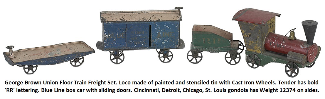 George W. Brown Union Floor Train Freight Set. Loco painted & stenciled tin with cast iron wheels, tender with bold lettering RR, Blue Line box car with sliding doors Cincinnati, Detroit, Chicago, St. Louis  gondola has Weight 12374 on sides