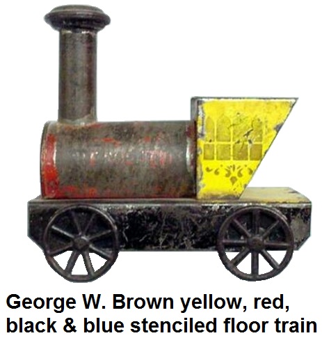George W. Brown floor toy train with original, worn yellow, red, black, and blue paint, stenciled windows