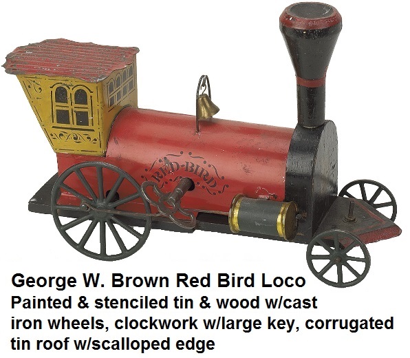 George W. Brown Red Bird Locomotive painted and stenciled tin and wood with cast iron wheels, clockwork mechanism with large key, unusual corugated tin roof with scalloped edge