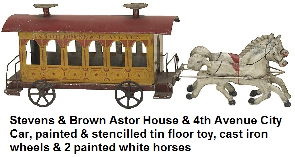 Stevens & Brown City Car painted and stencilled tin floor toy, destinations on both sides Astor House & 4th Avenue, cast iron wheels, pulled by 2 painted white horses