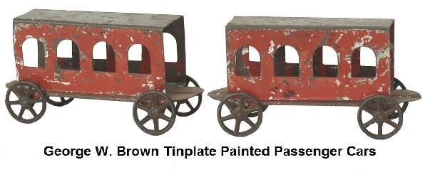 George W. Brown tinplate painted passenger cars with cast iron wheels