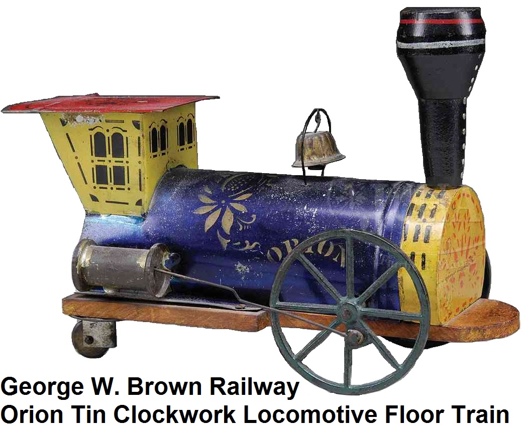 George W. Brown Railway Orion tin and wood clockwork engine floor train