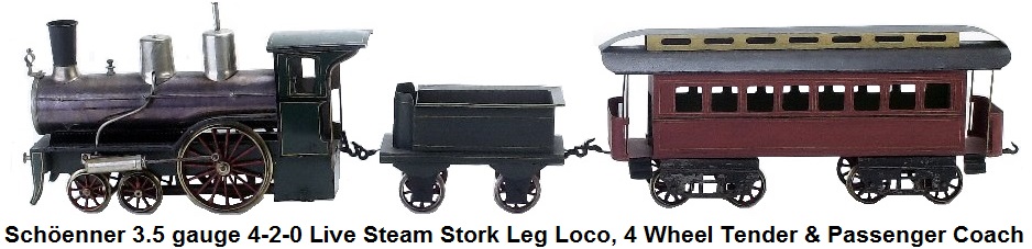 Schöenner 3.5 inch gauge 4-2-0 Live Steam Set-includes European profile stork leg engine with tender and passenger coach