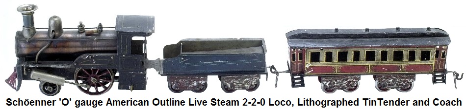 Schöenner 'O' gauge early American Outline Live Steam 2-2-0 Locomotive, lithographed tin Tender, and Passenger Coach