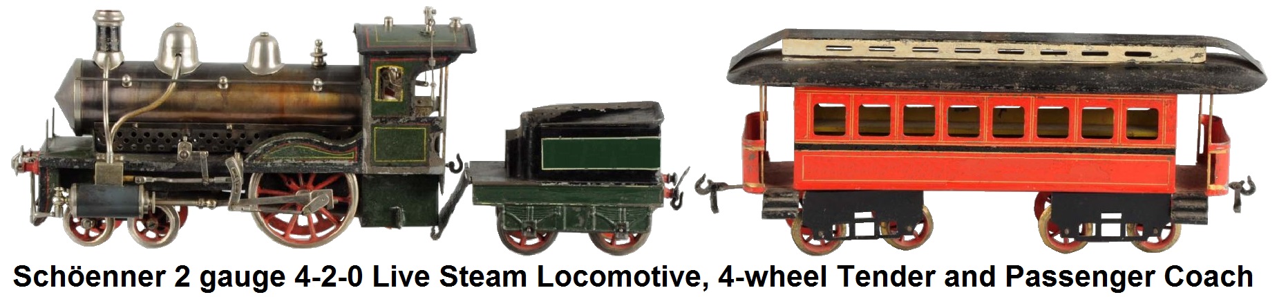 Schöenner #2 gauge 4-2-0 Live Steam Locomotive, 4-wheel Tender and Passenger coach