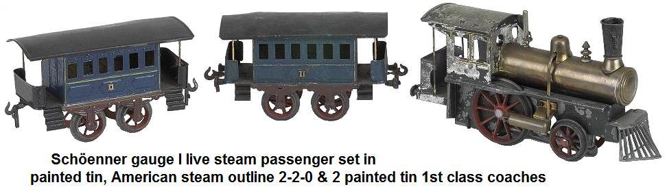 Schöenner Gauge I live steam passenger set painted tin, American steam outline 2-2-0 & 2 painted tin 1st class coaches
