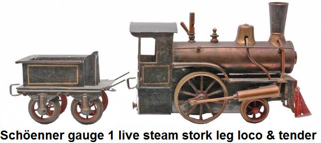 Schöenner gauge 1 live steam stork leg loco and tender, circa 1898-1900
