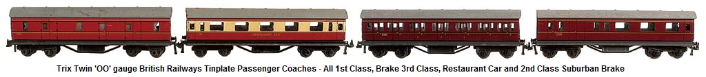 Trix Twin Railways 'OO' gauge BR tinplate Short Bogie BR crimson cream 5 x Brake 3rd, 3 x all 1st and 3 x 1st Class Restaurant Car, BR maroon 3 x Brake 2nd, 2 x all 1st, 7 x 1st 2nd Suburban