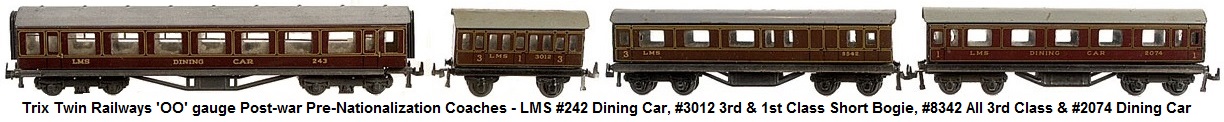 Trix Twin Railways 'OO' gauge Post-war Pre-Nationalisation Coaches. 8 x LNER teak Short Bogie 2 x all 1st, 2 x Restaurant Car 4 x Brake 3rd, 4 x LMS maroon Short Bogie 2 x Dining Car, all 1st and Brake 3rd