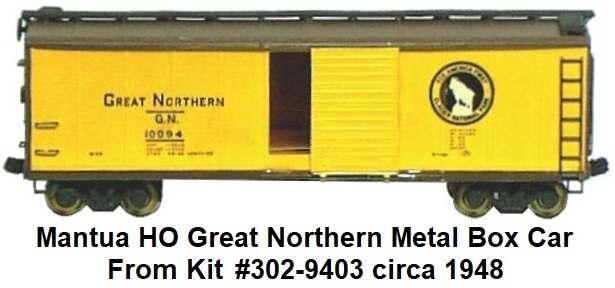 TycoMantua HO TRAIN 40' boxcar Great Northern  Metal Truck Metal bottom 2 steps mia Very good Condition