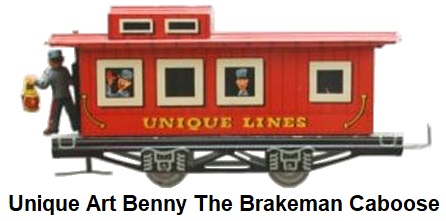 Unique Lines Bennie the Brakeman tinplate lithographed 'O' gauge caboose - novelty item with animated brakeman