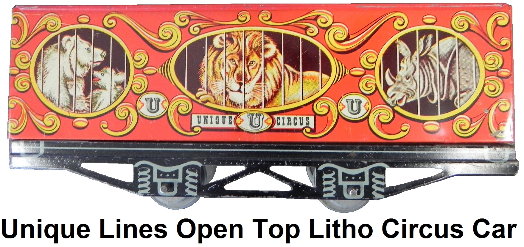 Unique Lines tinplate lithographed 'O' gauge circus car - Unique Lion version without roof