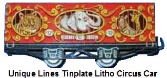 Unique Lines tinplate lithographed 'O' gauge circus car - Unique Elephant version without roof